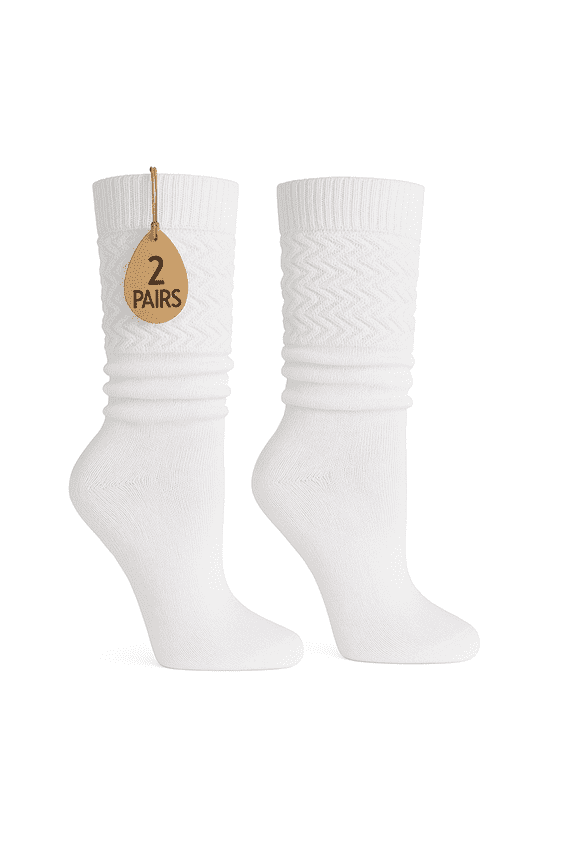 Women's Extra Long Slouch Socks Knee High Cotton Blend Pack of 2 Shoe Size 5-10 Retro 80s Style (White)