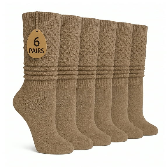 Women's Extra Long Knee High Slouch Scrunch Socks Cotton Blend 28 Colors Pack of 6, Fits 5-10 - Beige