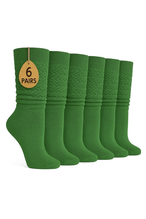 Women's Extra Long Knee High Slouch Scrunch Socks Cotton Blend 28 Colors Pack of 6, Fits 5-10 - Forest Green