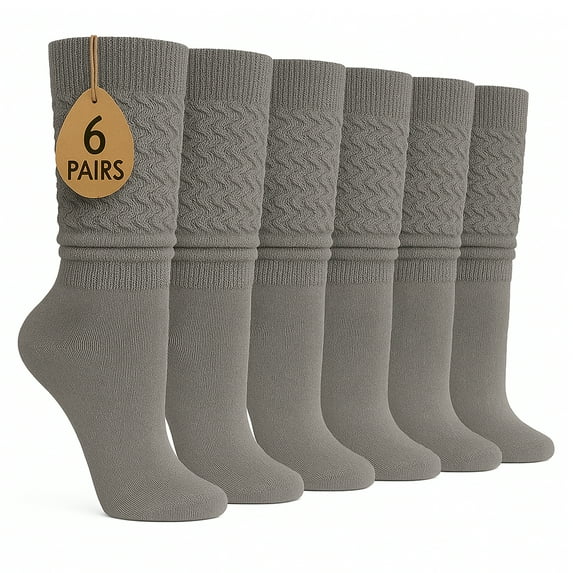Women's Extra Long Knee High Slouch Scrunch Socks Cotton Blend 28 Colors Pack of 6, Fits 5-10 - Gray