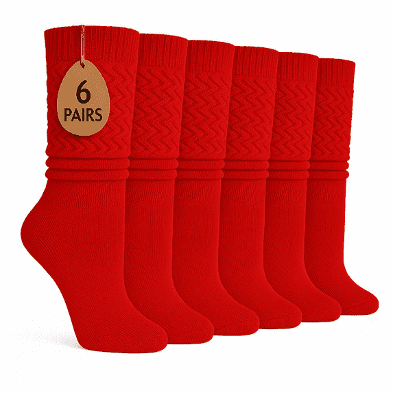 Women's Extra Long Knee High Slouch Scrunch Socks Cotton Blend 28 Colors Pack of 6, Fits 5-10 - Red