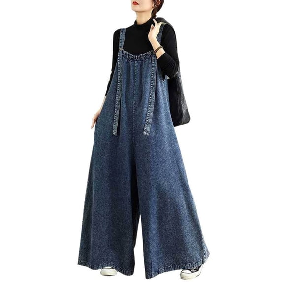 Women's Slouchy Denim Overalls Wide Leg Jumpsuit Casual Bell Bottom Flowy Jean Rompers (Blue M)