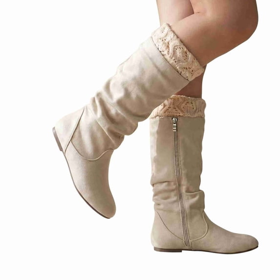 Women's Slouchy Faux Suede Boots with Lace or Knit Cuff - Mid-Calf Flat Boots with Side Zipper, Cozy Casual Boots for Fall and Winter