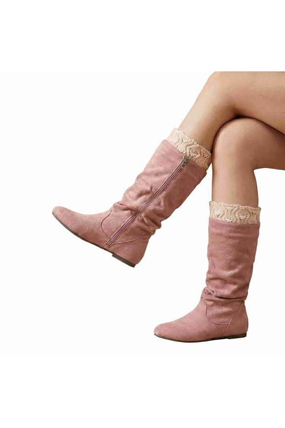 Women's Slouchy Faux Suede Boots with Lace or Knit Cuff - Mid-Calf Flat Boots with Side Zipper, Cozy Casual Boots for Fall and Winter