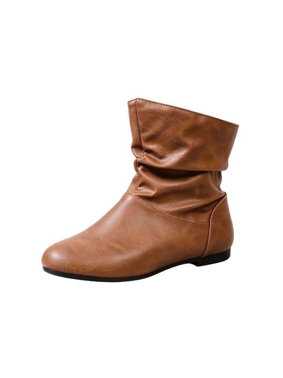 Women's Slouchy Flat Ankle Boots Comfortable Round Toe Casual Pull On Booties Fall Winter Fashion Low Heel Shoes Brown 6