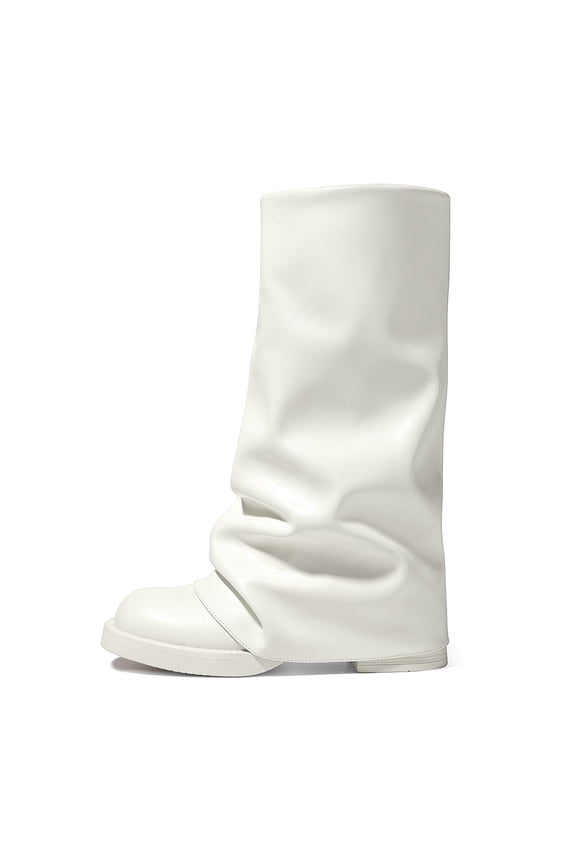 Women’s Slouchy Fold Over Boots Wide Calf Chunky Platform Low Heel Square Toe Pull On Mid Calf Boots