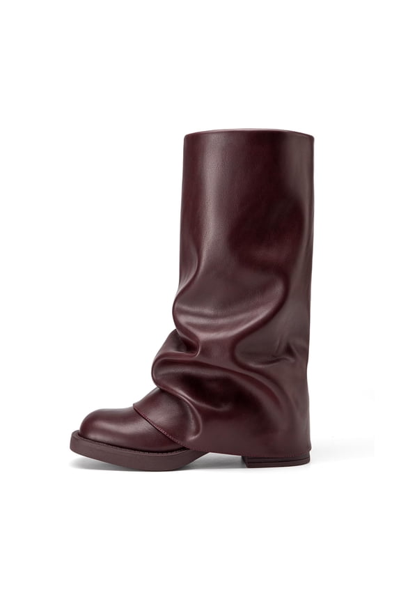 Women’s Slouchy Fold Over Boots Wide Calf Chunky Platform Low Heel Square Toe Pull On Mid Calf Boots