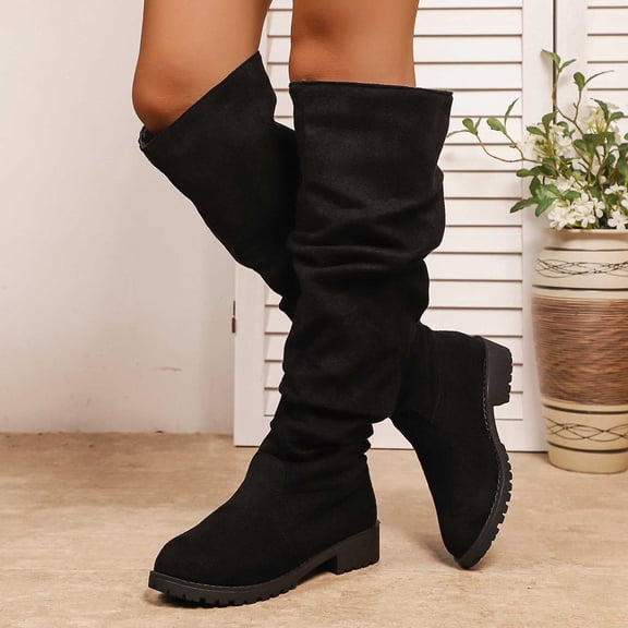 Women's Slouchy Knee High Boots Flat Heel Riding Combat Boot (Black 40)