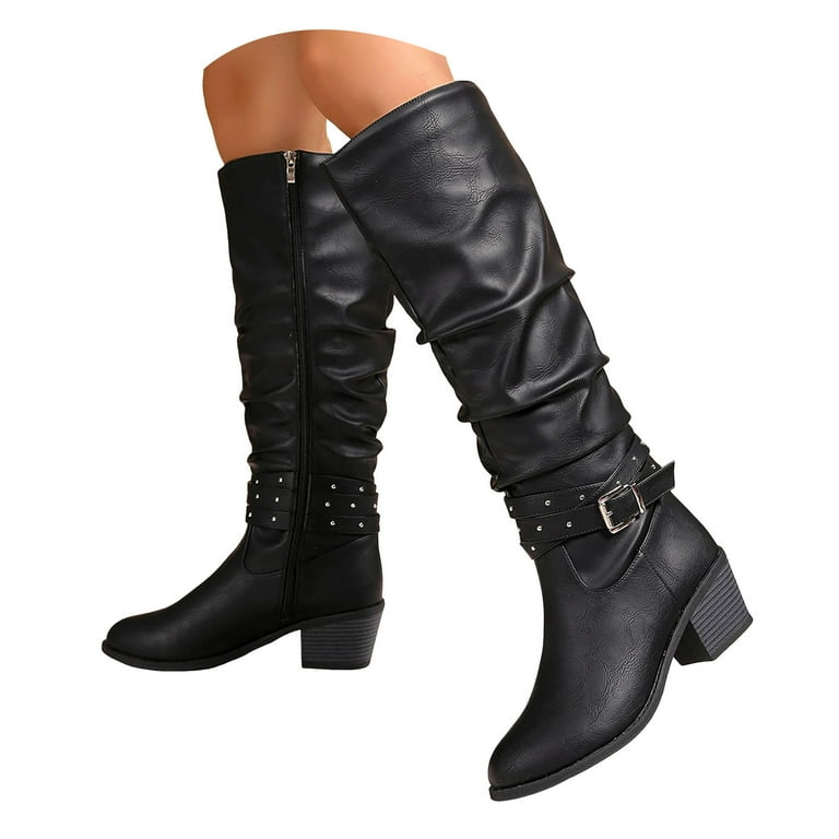 Women's Slouchy Knee High Boots Chunky Heel Buckle Winter Long