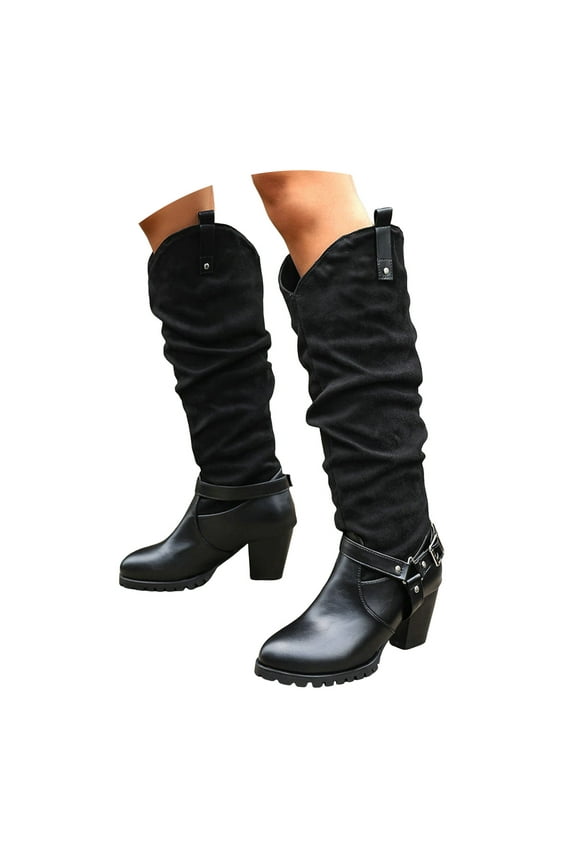 Women's Slouchy Knee High Boots Chunky Heel Buckle Winter Long Boot Extra Wide Calf Dress Work Shoes