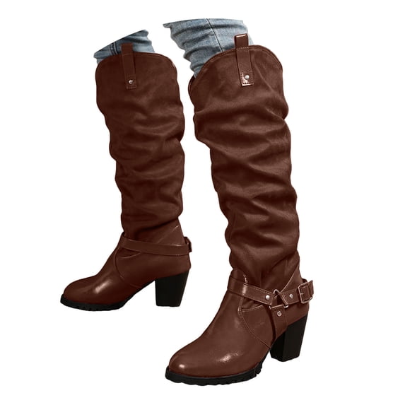 Women's Slouchy Knee High Boots Chunky Heel Buckle Winter Long Boot Extra Wide Calf Dress Work Shoes