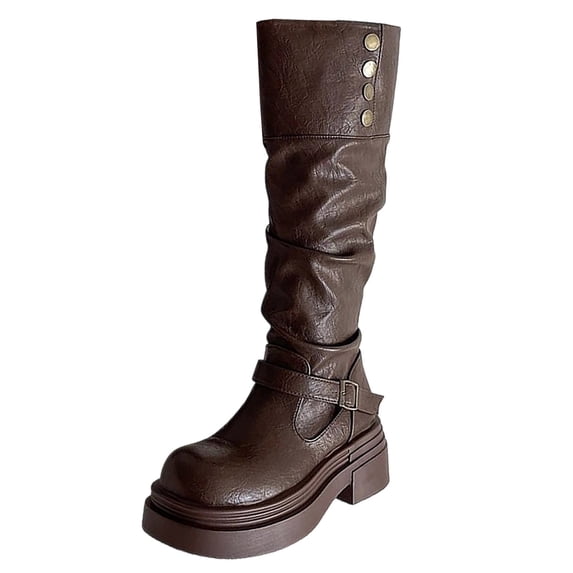Women's Slouchy Knee High Boots Mid Calf Chunky Platform Boots Round Toe Riding Biker Boots with Adjustable Buckle Viking Gothic Faux Leather Shoes