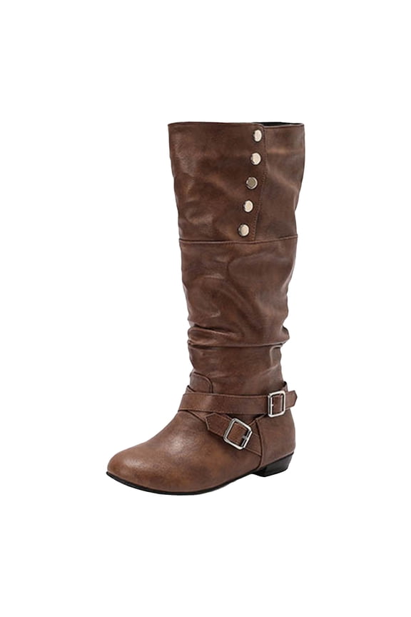 Women's Slouchy Knee High Boots Pull On Flat Low Heel Wide Calf Boots Fashion Studded Tall Riding Booties Brown 6