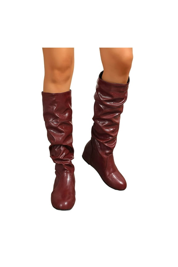 Women's Slouchy Knee High Boots Wide Calf Pull on Flat Long Tall Boots Hidden Wedge Fall Winter Casual Walking Booties