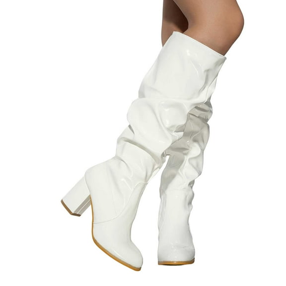 Women's Slouchy Knee High Boots Winter Fall Fashion Leather Chunky Heels Zip up Tall Dress Boots