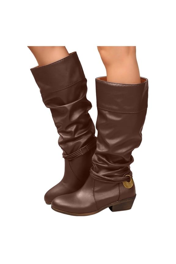 Women's Slouchy Leat6her Knee High Boots Comfortable Pull On Pointed Toe Low Heel Fall Riding Booties