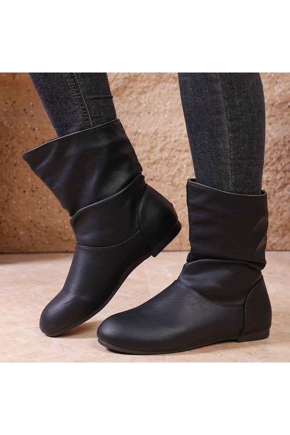 Women's Slouchy Leather Ankle Boots, Low Heel Round Toe Booties Waterproof Winter Mid Calf Riding Boots (Black 38)