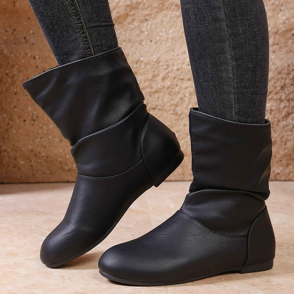 Women's Slouchy Leather Ankle Boots, Low Heel Round Toe Booties Waterproof Winter Mid Calf Riding Boots (Black 43)