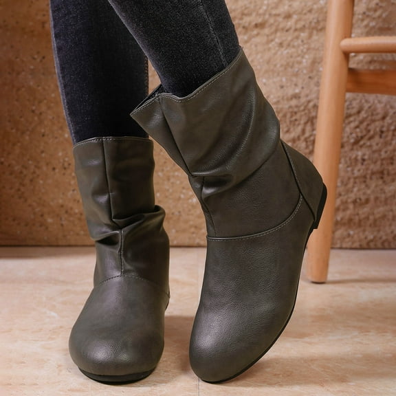 Women's Slouchy Leather Ankle Boots, Low Heel Round Toe Booties Waterproof Winter Mid Calf Riding Boots (Grey 39)