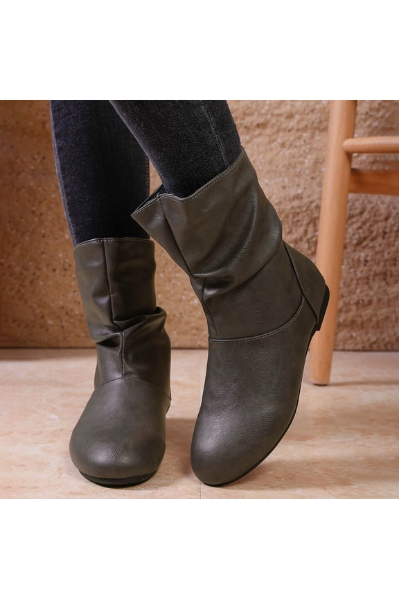 Women's Slouchy Leather Ankle Boots, Low Heel Round Toe Booties Waterproof Winter Mid Calf Riding Boots (Grey 42)