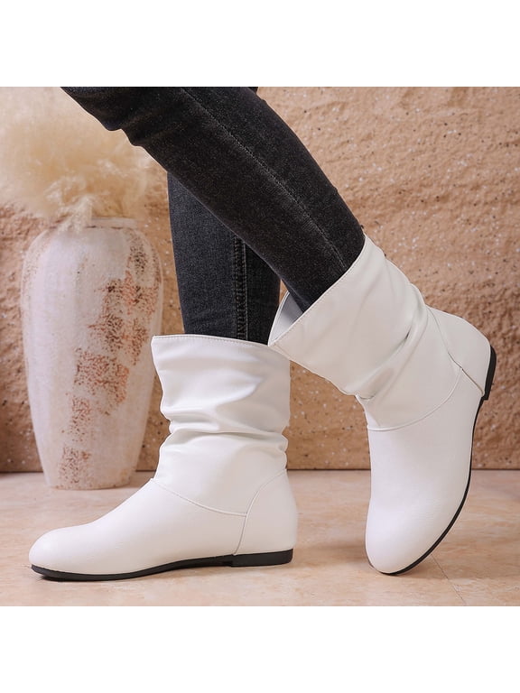 Women's Slouchy Leather Ankle Boots, Low Heel Round Toe Booties Waterproof Winter Mid Calf Riding Boots (White 37)