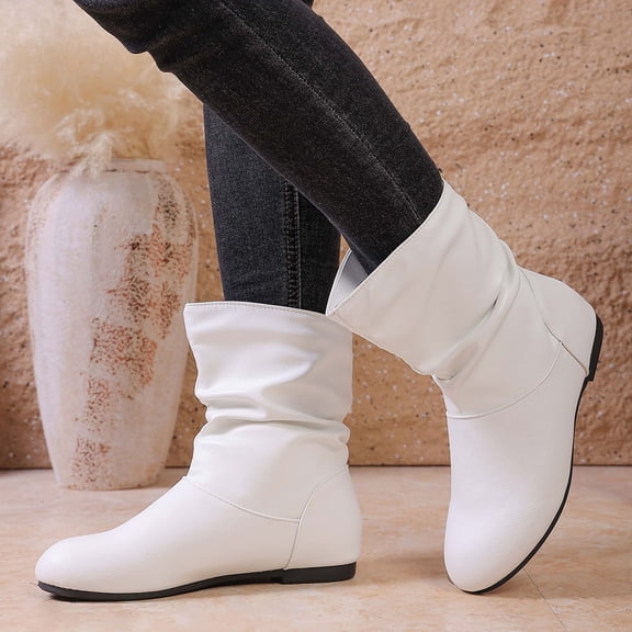 Women's Slouchy Leather Ankle Boots, Low Heel Round Toe Booties Waterproof Winter Mid Calf Riding Boots (White 43)