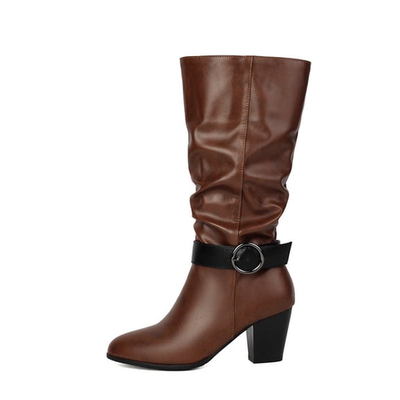 Women's Slouchy Leather Knee High Boots Fleece Lined Chunky High Heel Slip On Wide Calf Winter Booties Brown Size 8