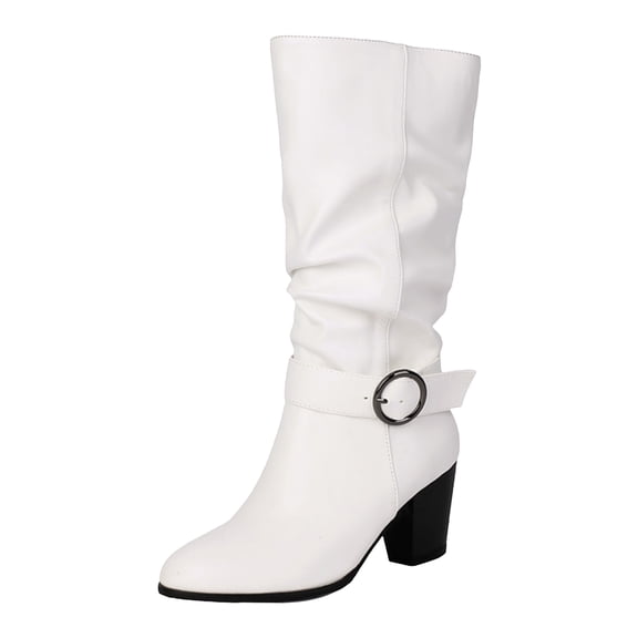 Women's Slouchy Leather Knee High Boots Fleece Lined Chunky High Heel Slip On Wide Calf Winter Booties White Size 7.5