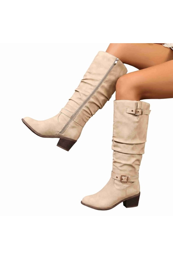 Women's Slouchy Long Boots, Block Heel Riding Boots with Buckle Straps & Side Zipper Biker Boots