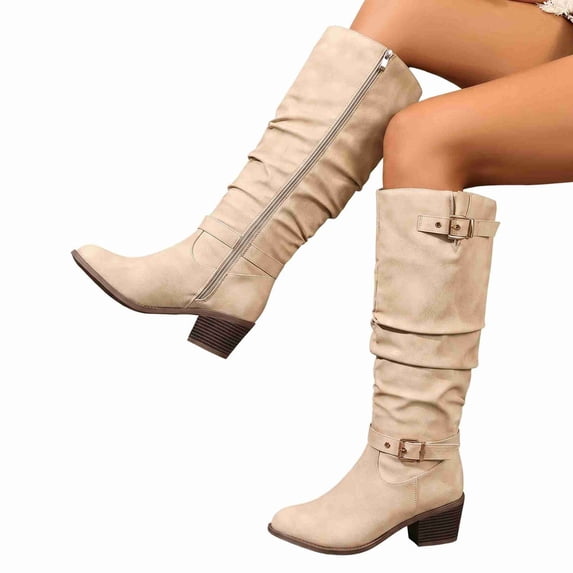 Women's Slouchy Long Boots, Block Heel Riding Boots with Buckle Straps & Side Zipper Biker Boots