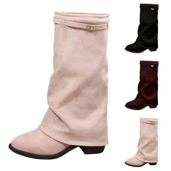 Women's Slouchy Mid Calf Boots, Buckle Decor Flock Stacked Low Block Heel Boots for Fall Winter Casual Wear