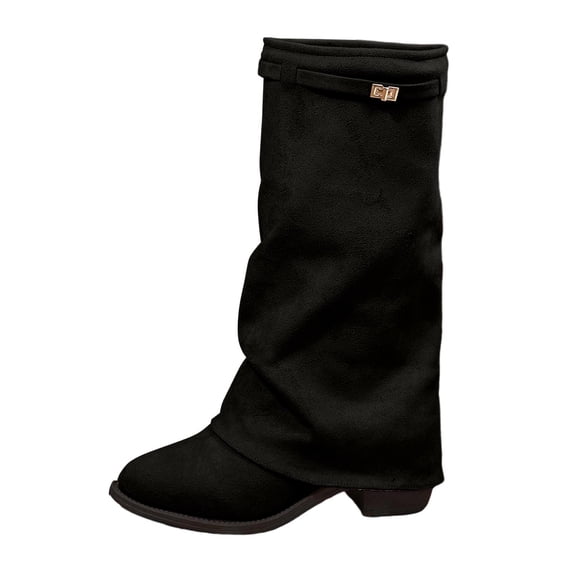 Women's Slouchy Mid Calf Boots, Buckle Decor Flock Stacked Low Block Heel Boots for Fall Winter Casual Wear