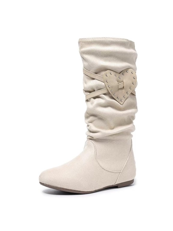 Women's Slouchy Mid-Calf Boots, Faux Suede Flat Pull-On Boots with Heart Studded Strap, Casual Daily Wear Boots for Fall Winter