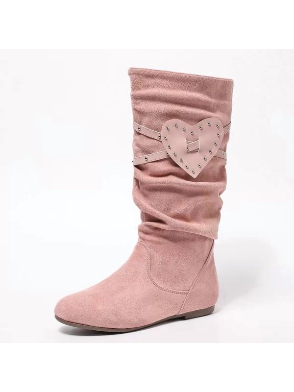 Women's Slouchy Mid-Calf Boots, Faux Suede Flat Pull-On Boots with Heart Studded Strap, Casual Daily Wear Boots for Fall Winter