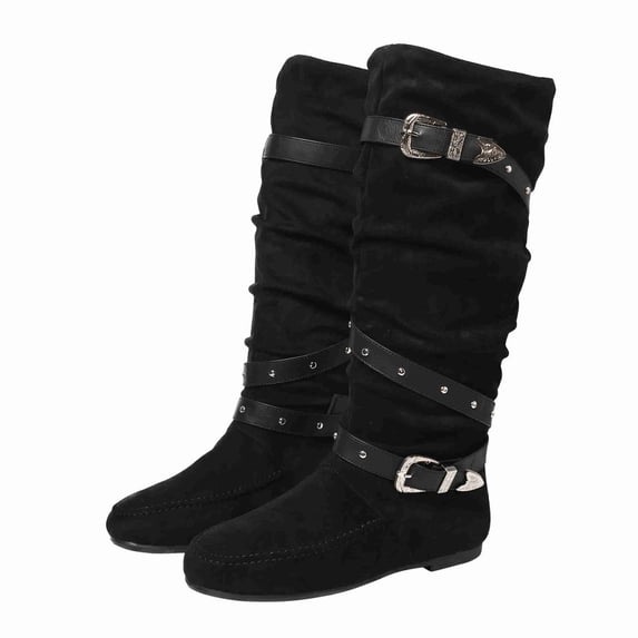 Women's Slouchy Mid-Calf Boots with Buckle Straps - Comfortable Flat Heel, Soft Faux Suede, Casual Everyday Wear (Beige & Black)