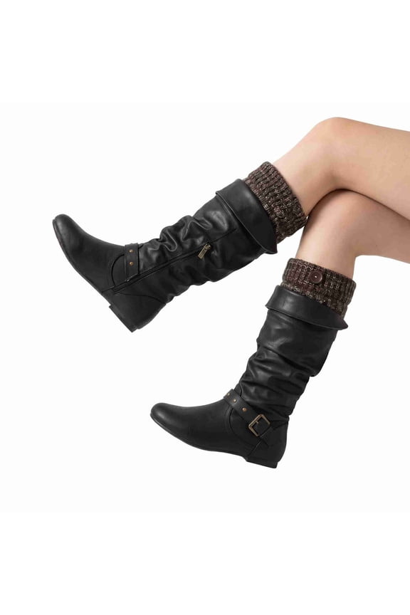 Women's Slouchy Mid-Calf Boots with Knit Cuff - Faux Leather Riding Boots with Side Zipper & Buckle Detail, Comfortable Flat Heel for Fall & Winter