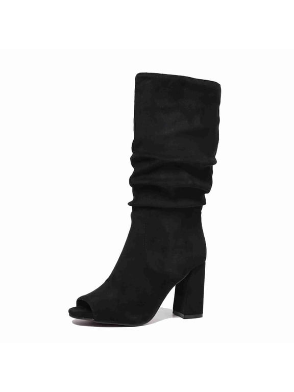 Women's Slouchy Peep Toe Mid-Calf Boots - Suede-Like Upper with Stacked Block Heel, Casual Chic Ankle Boots for Fall/Winter