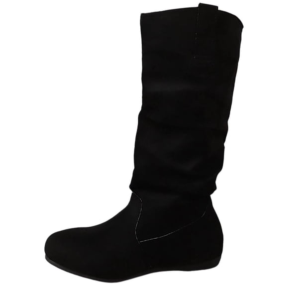 Women's Slouchy Round Toe Mid Calf Boots Soft Sole Faux Suede Pull on Low Heel Boots Fall Winter Casual Footwear Black