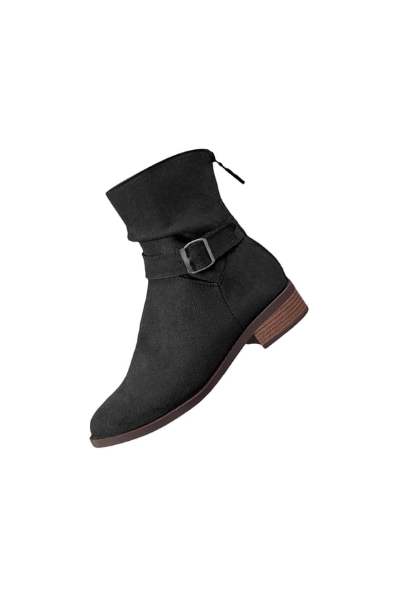 Women's Slouchy Ruched Ankle Booties Slip‑On Side Zipper Short Boots Low Block Heel Flat Boots Retro Buckle Strap Booties Comfort Non‑Slip Wide Calf Boots for Fall Winter Casual Work
