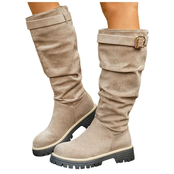 Women's Slouchy Suede Brown Knee High Boots Round Toe Platform Wide Calf Booties Retro Block Low Heel Winter Boots with Buckle Strap Size 9