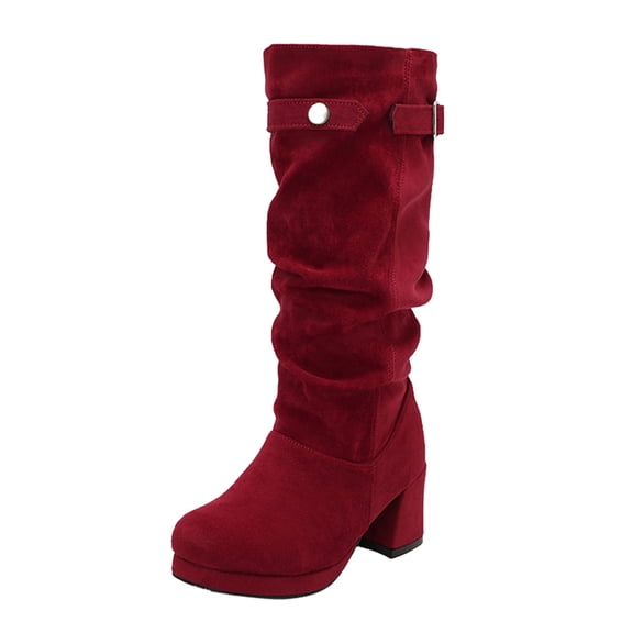 Women's Slouchy Suede Wide Calf Riding Boots Block Heel Knee High Suede Wide Toe Box Pull On Fall Boots Red Size 5