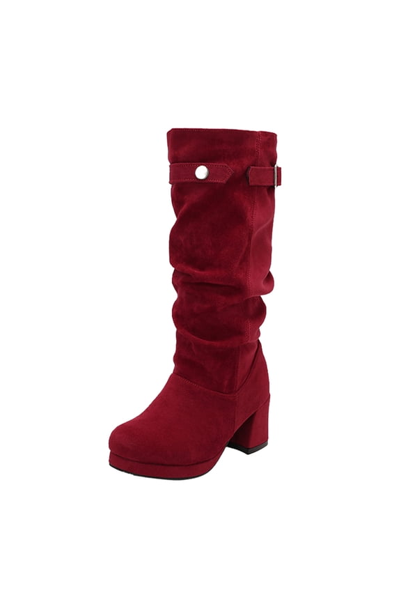 Women's Slouchy Suede Wide Calf Riding Boots Block Heel Knee High Suede Wide Toe Box Pull On Fall Boots Red Size 5