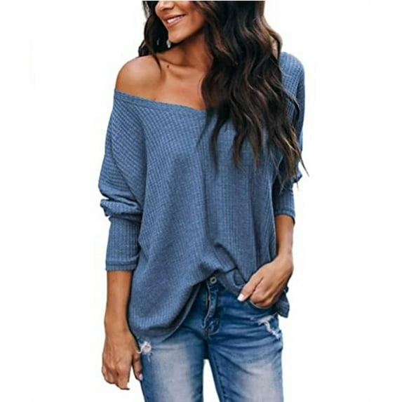 Women's Slouchy Waffle Knit V-Neck Tops Long Sleeve Shirts