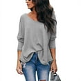 thumbnail image 1 of Women's Slouchy Waffle Knit V-Neck Tops Long Sleeve Shirts, 1 of 2