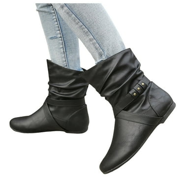 Women's Slouchy Wide Mid Calf Boots Vintage Leather No Heel Cowboy Cowgirl Winter Fall Short Booties
