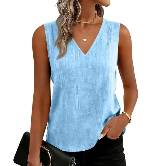 Women's Slub Cotton V Neck Casual Sleeveless Tank Top Sky Blue XXL