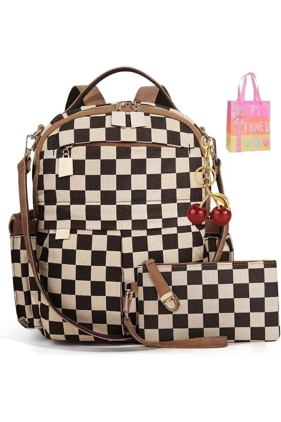 Women's Small Backpack Purse - Checkered Mini Backpack with Cherry Pendant, Convertible Shoulder Bag for Work, School, Travel, Daypack(XX)