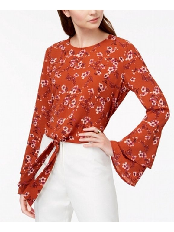 Self Esteem Juniors' Bell-Sleeve Tie-Front Top Rust Floral S