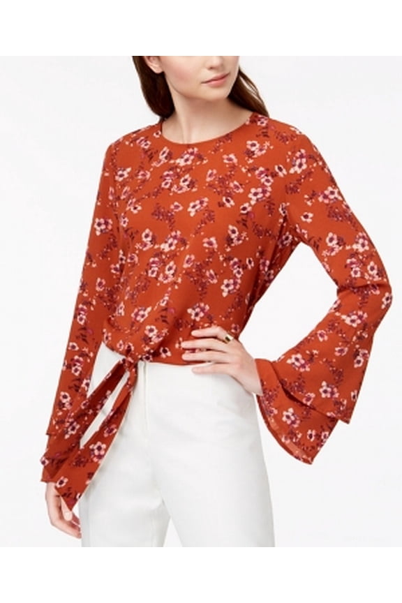 Self Esteem Juniors' Bell-Sleeve Tie-Front Top Rust Floral S