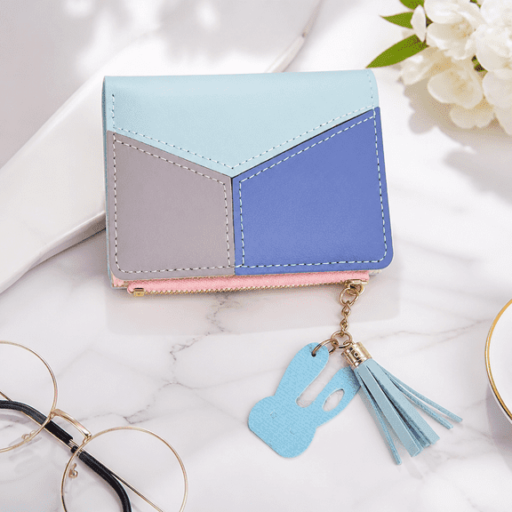 Womens Small Bifold RFID Wallet with ID Window Compact Credit Card Holder with Zippered Coin Pocket, Tassel Accent, and Slim Profile for Everyday Carry (Blue Grey)